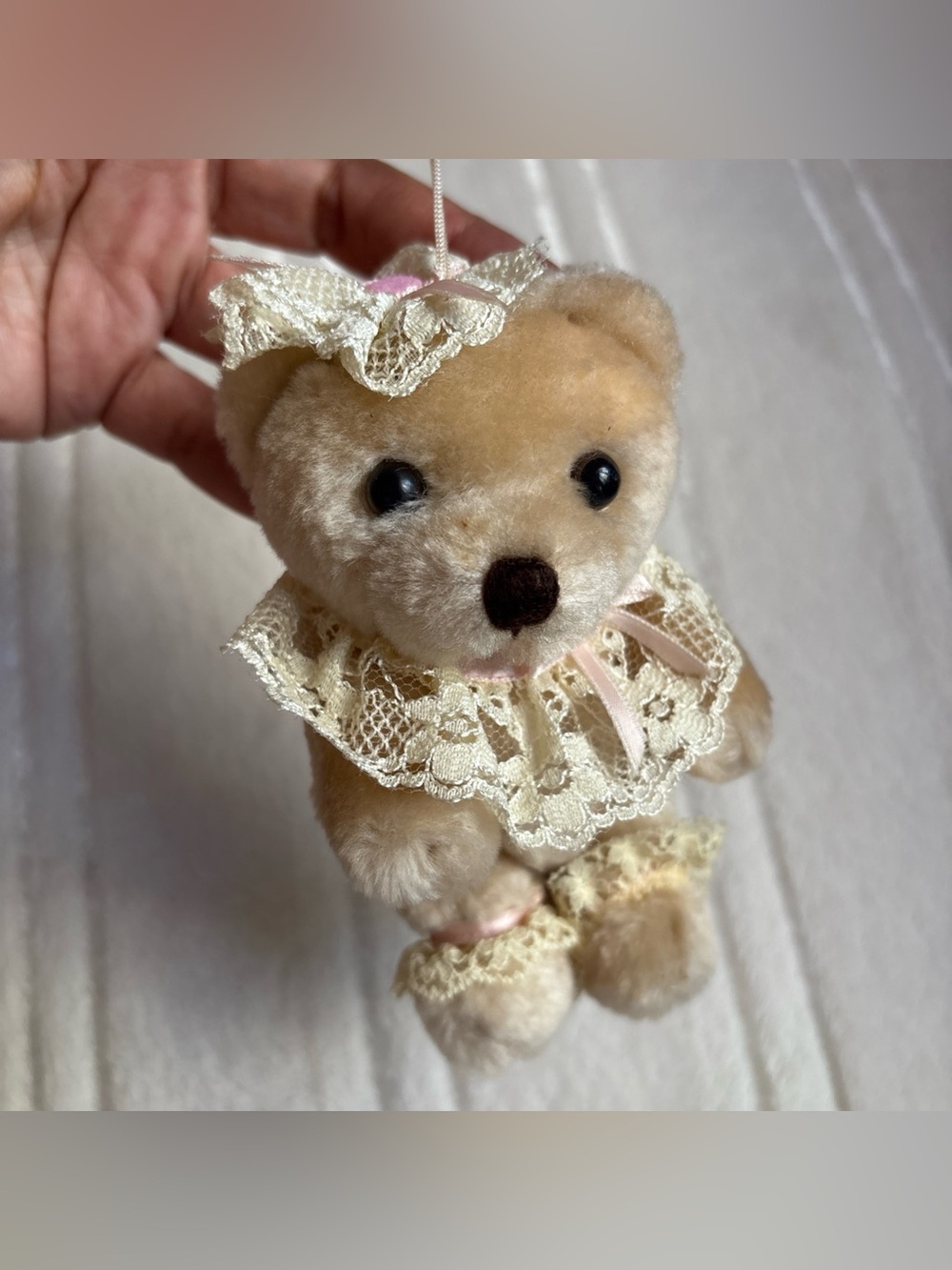 Russ vintage Cream Plush Bear Ornament with Pink Ribbon